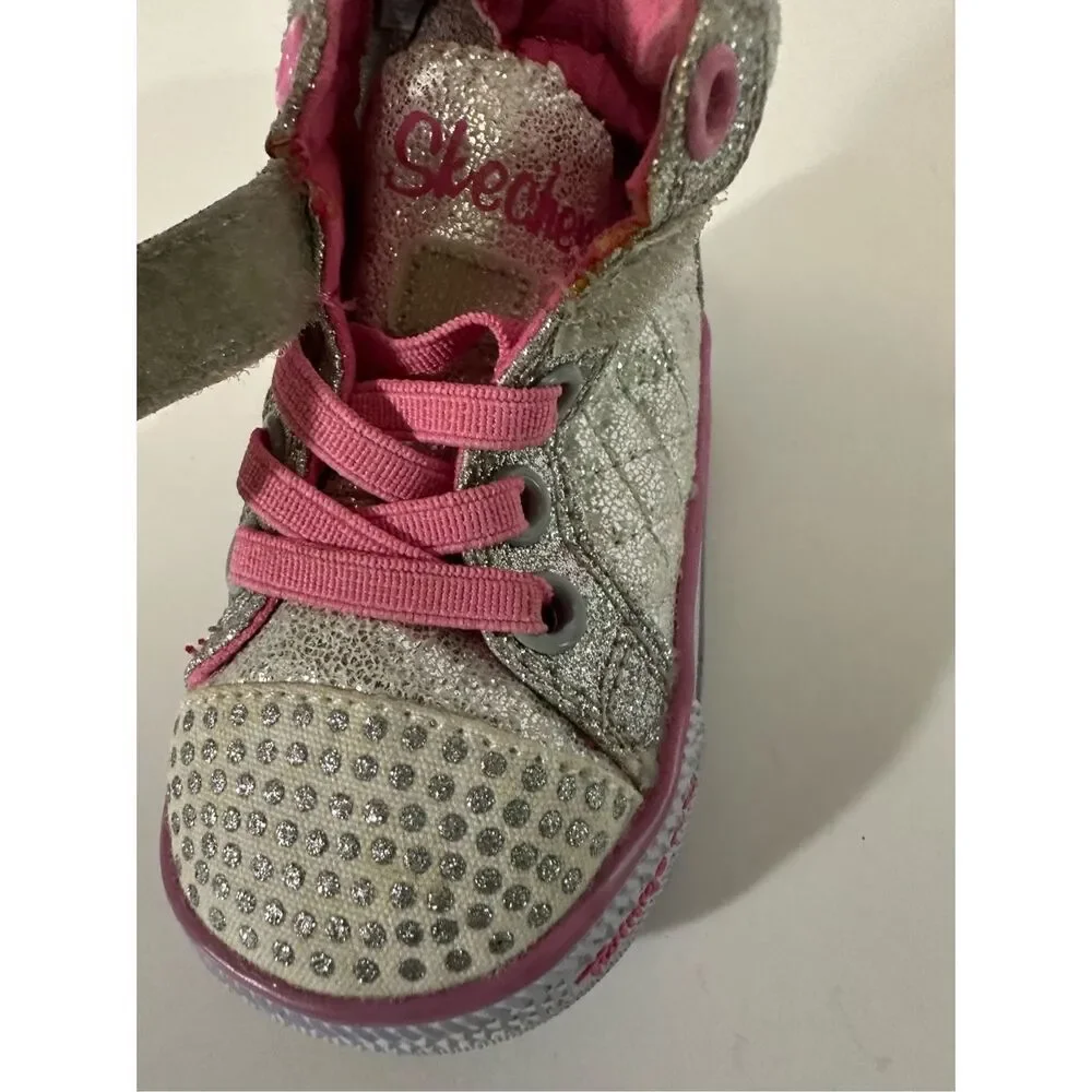 Skechers Twinkle Toes Silver and Pink Toddler High Top Shoes | Toddler Size 2